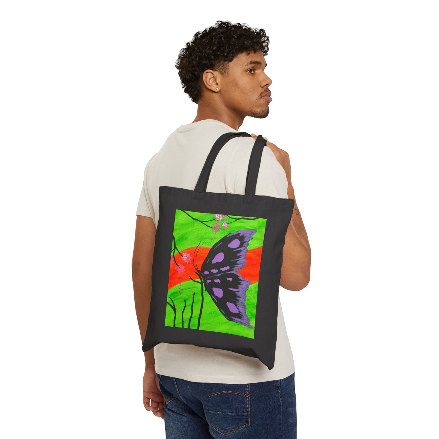 Original Hand Painted Butterfly Canvas Tote Bag - Floral Art Cotton Tote